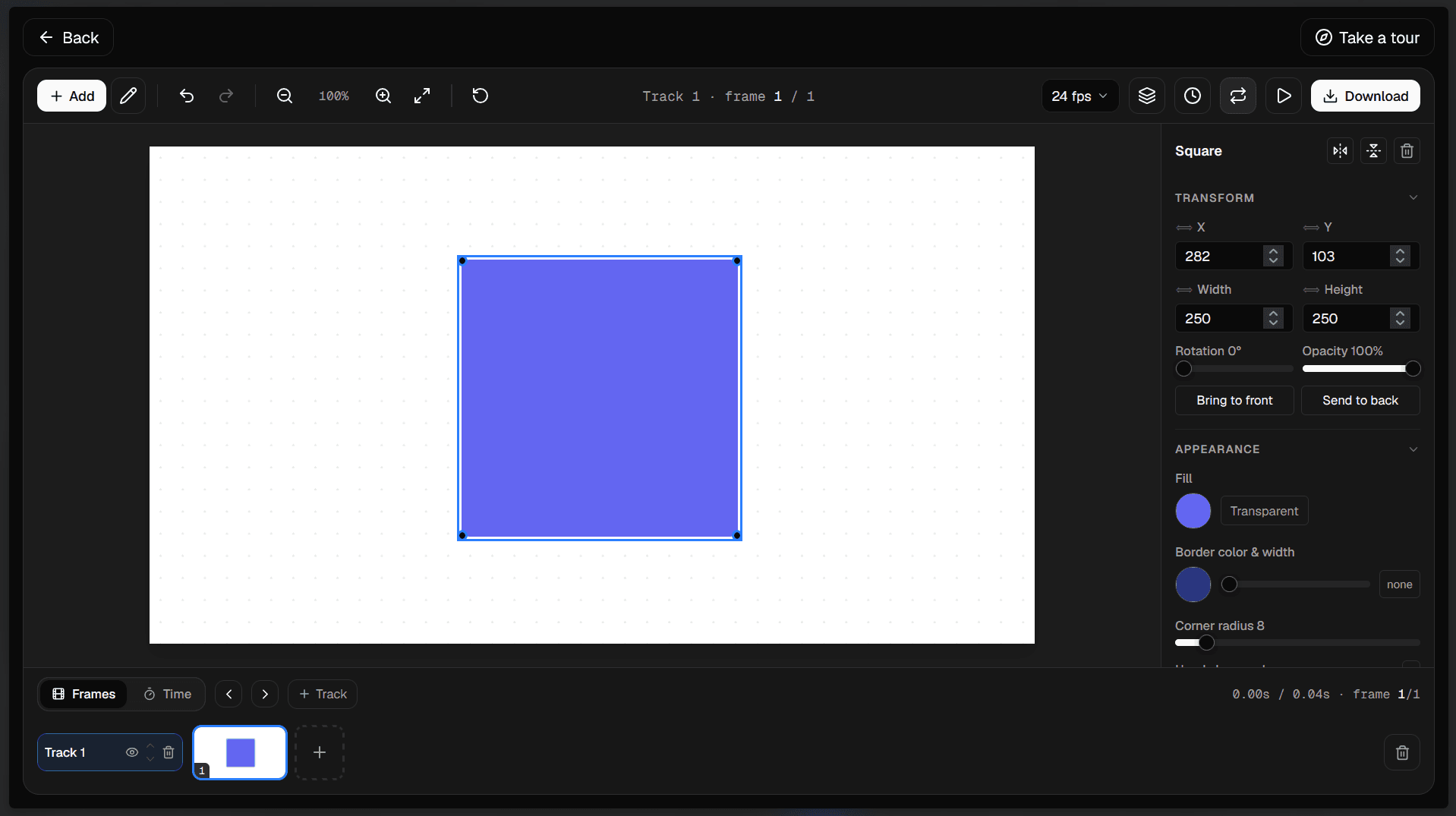 The Animate editor: canvas, shape tools, and a frame timeline